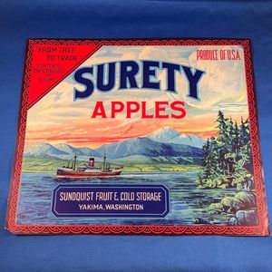 Vintage Original 1940s SURETY APPLES Fruit Crate Box Label Yakima